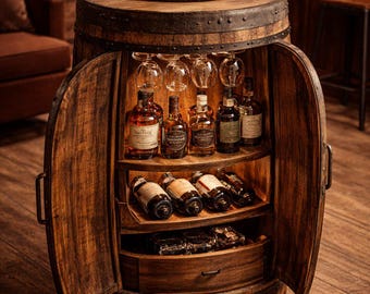 Rustic Whiskey Barrel Cabinet, Liquor Wine Bar Furniture, Home Decor, Gift