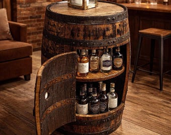 Mueble bar restaurado hecho con un barril de whisky, muebles rústicos para bar en casa, luces LED.
