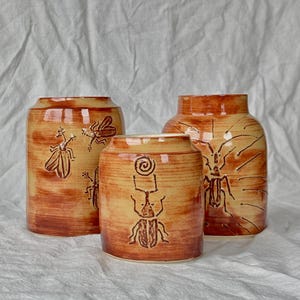 May include: Three ceramic vases in varying sizes, featuring a warm, earthy color palette with brown insect illustrations. The vases have a cylindrical shape with a slightly flared rim. The insect designs vary across the vases.
