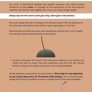 Peut inclure: Image avec du texte sur le bon trempage de la colle pour les extensions de cils. Les instructions incluent de tremper le cil de 2 mm dans la colle et d'utiliser une goutte fraîche toutes les 10 à 15 minutes. Le texte déconseille également de frotter le cil dans la colle.