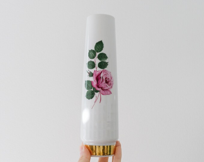 Mid Century Glazed Gold, Green, Pink and White Porcelain Rose Vase // Scherzer // Classic Vintage Home Decor