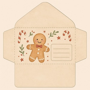 May include: A festive Christmas envelope featuring a gingerbread man with a red bow tie, candy canes, stars, and sprigs of greenery. The envelope has a cream-colored background and a space for a name and address.