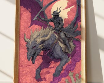 Dark Fantasy Dragon Rider Art Print | Epic Gothic Warrior with Scythe | Mythical Beast Moon Wall Decor | Vibrant Fantasy Poster