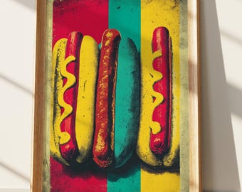 Hot Dog Pop Art Poster, Retro Diner Style Kitchen Wall Decor, Vibrant Food Art Print with Vintage Distressed Finish
