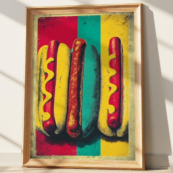 Hot Dog Pop Art Poster, Retro Diner Style Kitchen Wall Decor