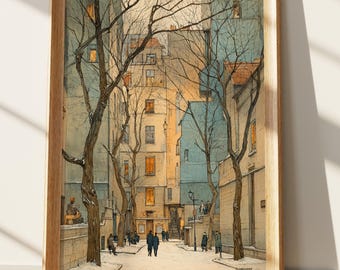 Paris Winter Wall Art Print, Snowy European Street Painting, Romantic Cityscape Decor, Cozy Urban Scene with Bare Trees