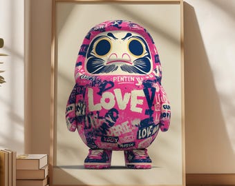 Impression d'art de poupée Daruma | Art fluide kawaii, porte-bonheur japonais (téléchargement numérique)