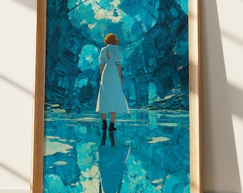 Fantasy Wall Art Print | Dreamy Blue Ruined Library Art | Woman in Submerged Hall Reflection | Serene Abstract Digital Art for Modern Home D