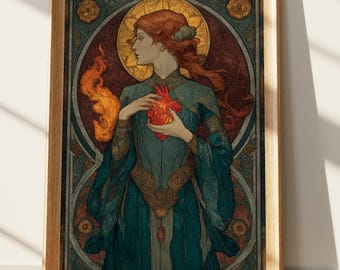 Sacred Heart Art Print, Art Nouveau Mystical Woman with Flaming Heart, Gothic Redhead Wall Decor, Soulful Fantasy Gift, Vintage Inspired Art
