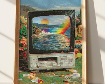Impression d'art glitch Vaporwave, art mural paysage TV rétro, coucher de soleil psychédélique arc-en-ciel, esthétique des années 80 et 90, affiche d'art numérique pixélisé