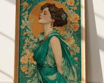 Art Nouveau Woman Portrait, Elegant Teal & Gold Floral Wall Art, Dreamy Female Figure Print, Vintage Style Botanical Decor