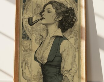 Art Nouveau Woman Pipe Smoker Portrait Print, Victorian Inspired Elegant Female Wall Art, Vintage Aesthetic Home Decor