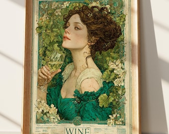 Art nouveau vin impression femme vintage art mural vert émeraude inspiré affiche Alphonse Mucha Floral vignoble Art classique Français