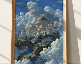 Fantasy Sky City Art Print | Ethereal Cloud Kingdom Wall Decor | Mystical Floating Island Landscape Poster | Heavenly Palace Art