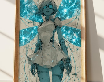Cyberpunk Anime Art Print: Mysterious Sci-Fi Girl with Electric Wings Goggles, Futuristic Dystopian Wall Decor
