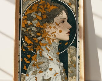 Art Nouveau Butterfly Woman Print, Ethereal Female Portrait Wall Art, Whimsical Vintage Style, Mystical Moth Lady Decor for Home