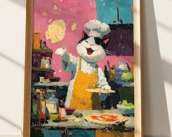Chef Cat Art Print, Whimsical Pizza Making Cat Painting, Fun Kitchen Decor, Palette Knife Style Animal Chef Wall Art