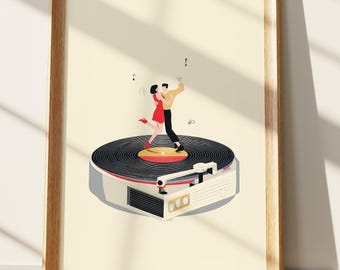 Vintage Dance Art Print | Retro Couple Dancing on Vinyl Record Player Wall Art | Mid-Century Music Illustration | Romantic Home Decor