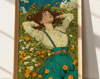 Cottagecore Art Print | Serene Girl in Poppy Field Wall Art, Summer Meadow Landscape Poster, Whimsical Nature Decor, Peaceful Illustration