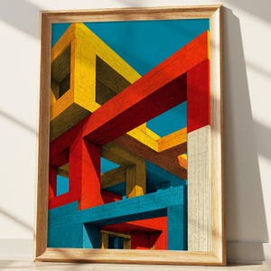 May include: Abstract architectural art print in a wooden frame. The artwork features a complex geometric design with intersecting beams and blocks in vibrant colors: yellow, red, blue, and beige against a teal background. The print is displayed in a natural wood frame.
