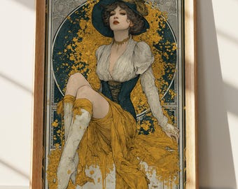Art Nouveau Woman Print | Elegant Victorian Lady Portrait | Gold Teal Wall Art Decor | Whimsical Feminine Home Decor | Vintage Style Poster