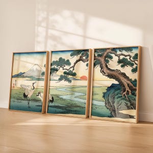 Japanskt träblocktryck, set om 3, tallträdslandskap med trane, zenväggkonst (digital nedladdning)