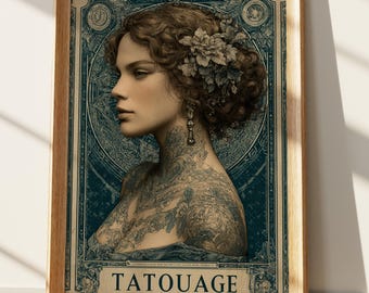 Vintage Tattoo Art Print, Mysterious Woman Portrait, Dark Academia Decor, Victorian Engraving Style Poster, Elegant Body Art Wall Decor