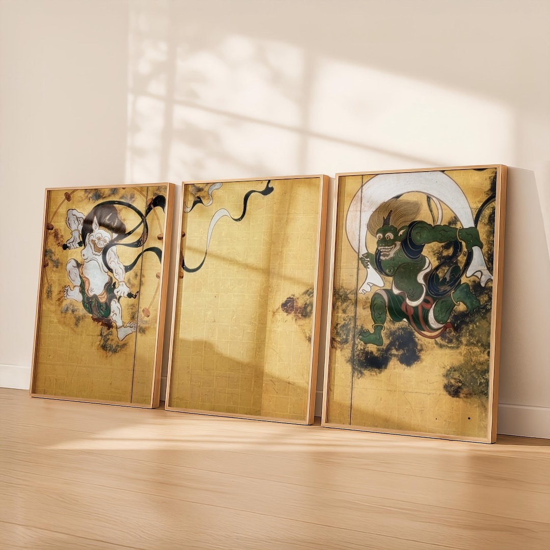 Fujin Raijin Set of 3 | Japanese Wind and Thunder God Art (digital