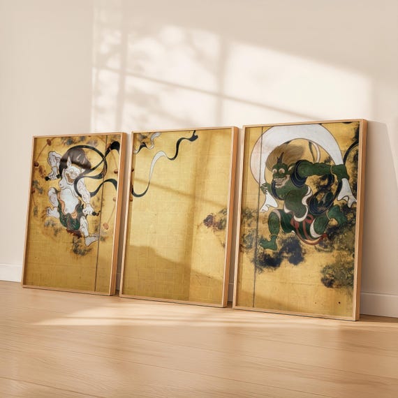 Fujin Raijin Set of 3 | Japanese Wind and Thunder God Art (digital
