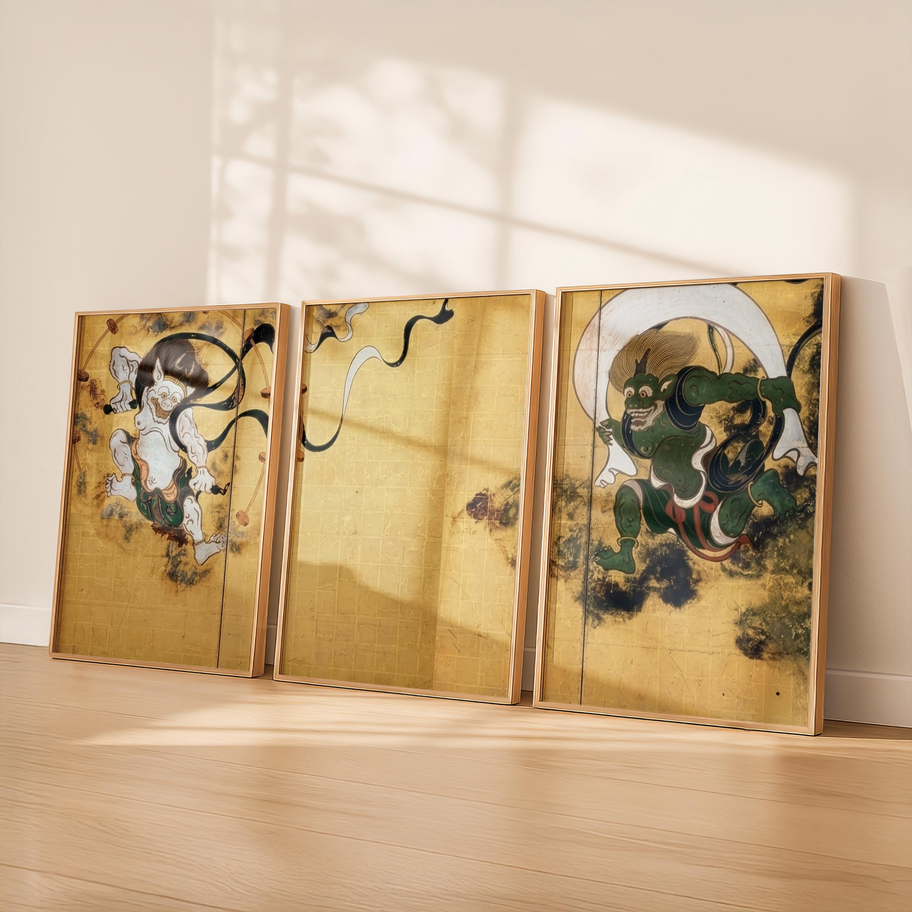 Fujin Raijin Set of 3 | Japanese Wind and Thunder God Art (digital