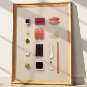 Sushi Knollingのアートプリント、分解された寿司ポスター、日本食の壁飾り、ミニマリストキッチンアート、寿司愛好家へのギフト
