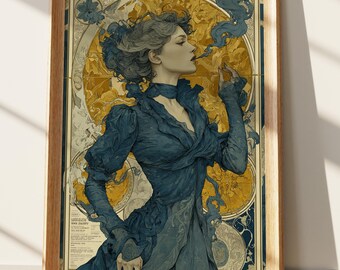 Art Nouveau Woman Print, Elegant Vintage Art Deco Style Wall Art, Mysterious Lady Portrait, Gold and Blue Aesthetic Decor