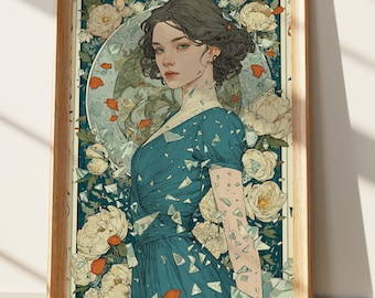 Art Nouveau Woman Portrait Print, Elegant Broken Glass Teal Dress Artwork with Peonies, Vintage Style Floral Illustration for Home Decor
