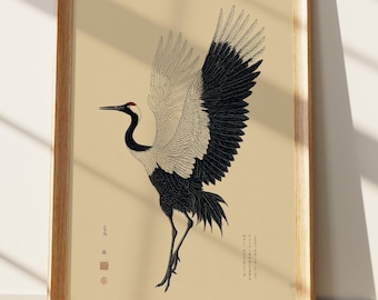 Japanese Crane Wall Art Print, Elegant Ukiyo-e Style Red-Crowned Crane Poster, Traditional Asian Bird Art for Japandi Home Decor, Sumi-e Wil