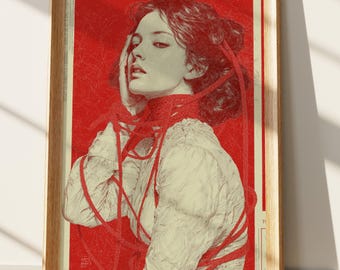 Engraving Style Portrait Print | Dramatic Red Woman Art | Modern Vintage Fine Art Decor | Emotional Figurative Illustration