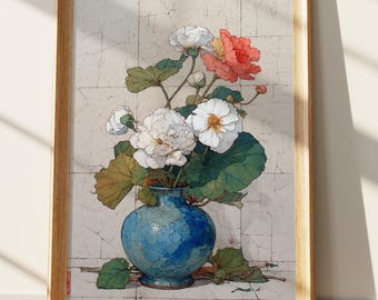 Chinoiserie Floral Wall Art Print, Elegant Blue Vase with White Coral Flowers, Vintage Inspired Botanical Still Life Decor