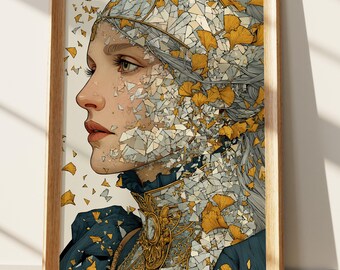 Ginkgo Mosaic Woman Art Print, Ethereal Abstract Portrait with Shattered Glass Effect, Elegant Teal & Gold Wall Decor