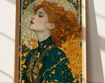 Art Nouveau Woman Portrait Print, Golden Ginkgo Leaves Autumn Wall Art, Emerald Green & Orange Aesthetic, Elegant Feminine Decor