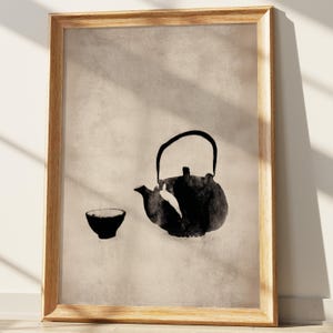 Sumi-e tekanna väggkonsttryck, japansk teceremoniposter, minimalistisk zendekor, Wabi Sabi estetisk bläcktvättmålning, lugnande asiatisk konst