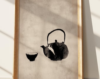 Sumi-e theepot muurkunst print, poster Japanse theeceremonie, minimalistisch zen decor, Wabi Sabi esthetische inktwas schilderij, kalmerende Aziatische kunst