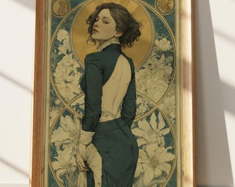 Art Nouveau Print, Elegant Woman Backless Dress Wall Art, Vintage Floral Portrait Decor, Teal and Gold Aesthetic Fine Art Poster