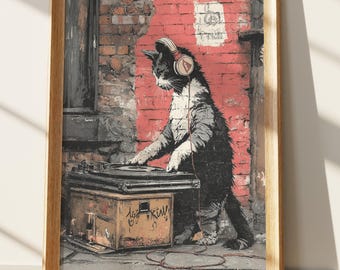 DJ Cat Art Print, Banksy Style Street Art Cat with Headphones, Turntable Graffiti Wall Decor, Urban Animal Music Lover Gift