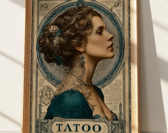 Vintage Tattoo Art Print | Elegant Tattooed Woman Portrait | Classical Victorian Style Illustration Wall Decor | Unique Female Beauty