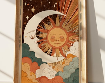 Vintage Celestial Wall Art: Sun and Moon Tarot Card Print, Boho Cosmic Aesthetic Decor, Retro Mystical Spiritual Art Poster