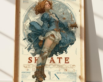 Steampunk Roller Skater Art Print, Vintage Fashion Wall Art, Whimsical Victorian Girl Illustration, Unique Retro Decor for Living Room