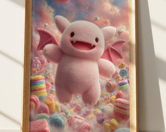 Cute Pink Fluffy Monster Art Print, Kawaii Sweet Candy Land Nursery Decor, Whimsical Fantasy Creature Wall Art, Adorable Bat Wing Pet Art