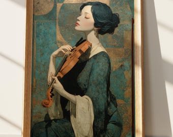 Elegant väggkonsttryck av violinist | Fridfull kvinna som spelar musik | Estetiskt art déco-porträtt i turkos guld | Musikergåva