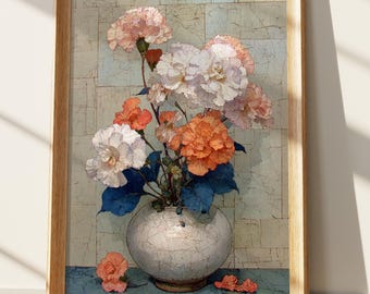 Japandi Floral Wall Art Print, Carnation Still Life Painting, Wabi Sabi Botanical Decor, Textured Ceramic Vase, Asian Inspired Home Art