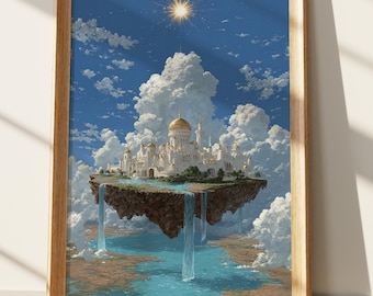 Floating City Art Print, Ethereal Sky Kingdom Fantasy Landscape Wall Art, Majestic Palace Island in Clouds Digital Painting
