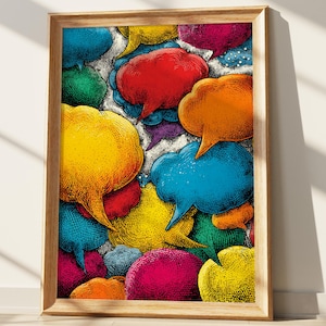 May include: A framed wall art print featuring a dense, overlapping pattern of speech bubbles in vibrant colors including red, yellow, blue, orange, green, and magenta. Each bubble has a textured, cross-hatched shading style with a light wooden frame.